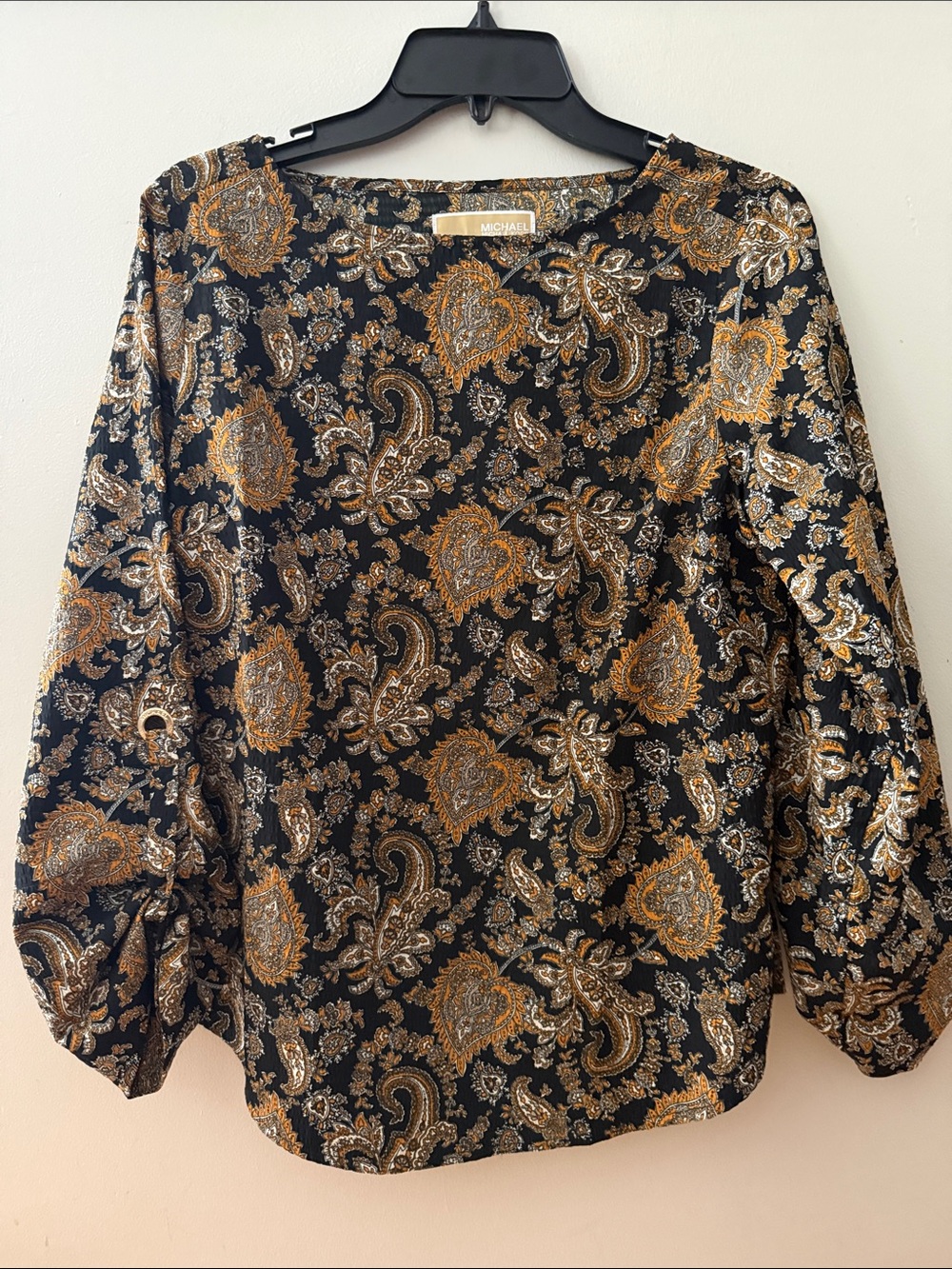 Michael Kors Black Blouse with Metallic Gold and Silver Paisley